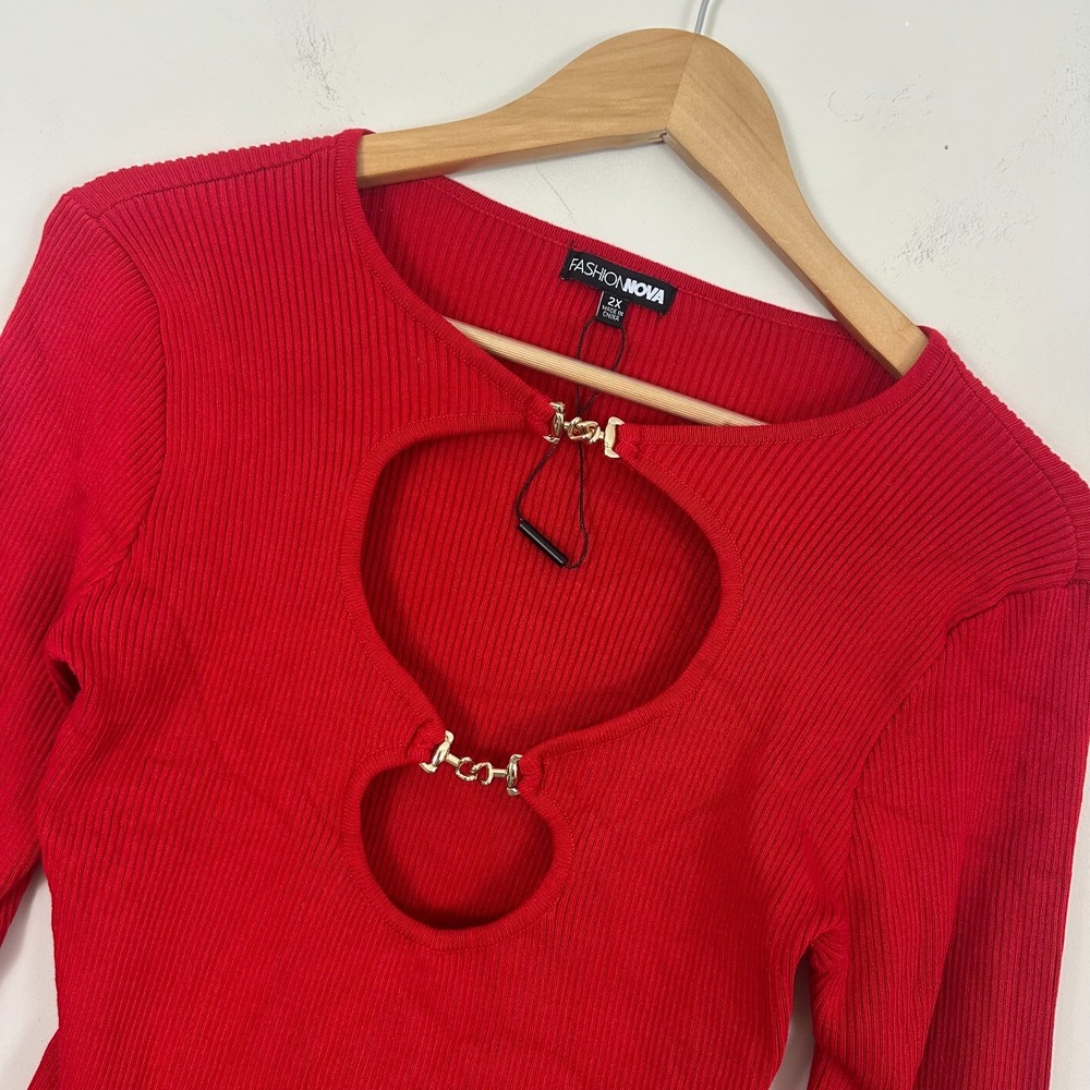 Fashion Nova Sara Cut Out Bodysuit Red Ribbed Knit Stretch Peppy Womens 2X